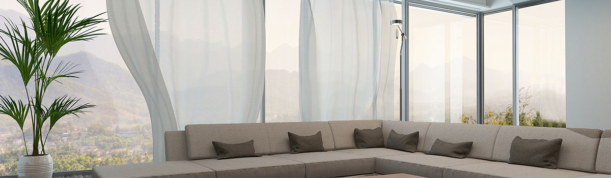 Massvorhang-Shop: weisse, beige, graue, braune Massvorhänge im Wohnzimmer.